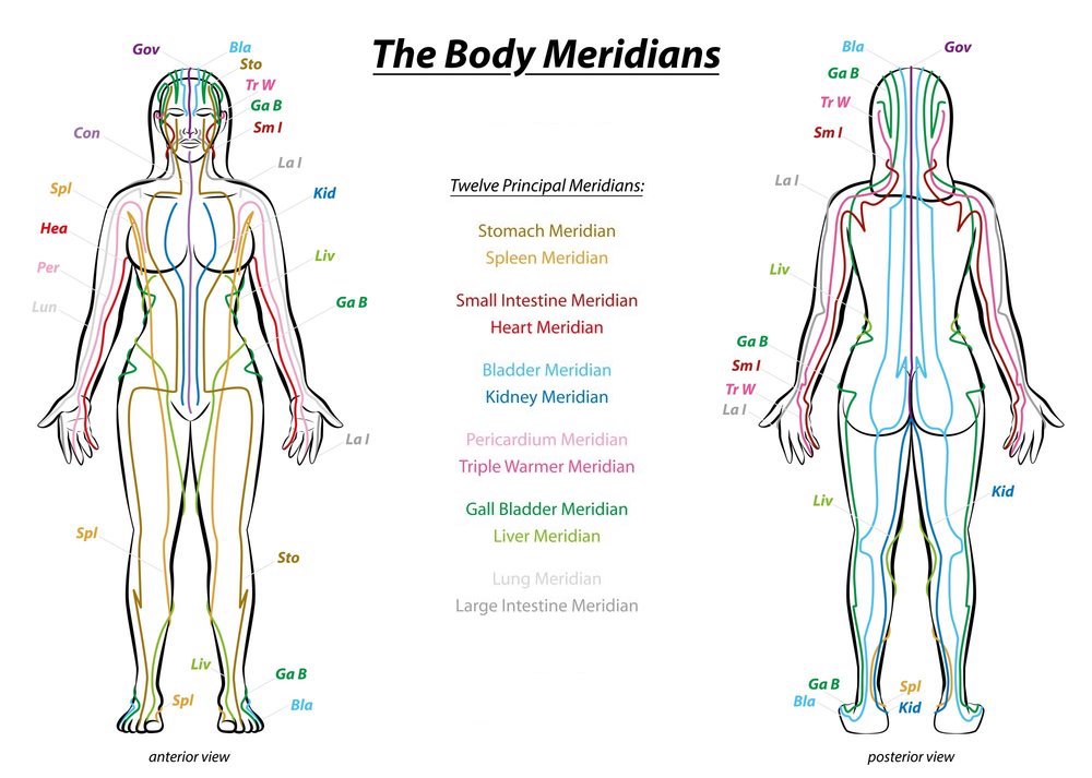 A diagram of the Body Meridians for flow of Qi in Acupuncture