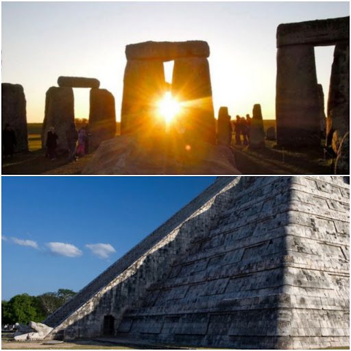Top: Spring equinox sunlight shines perfectly through two rocks at the Stonehenge;Bottom: Light from the spring equinox at the Pyramid of Kukulkán creates the shape of a snake slithering down its edges