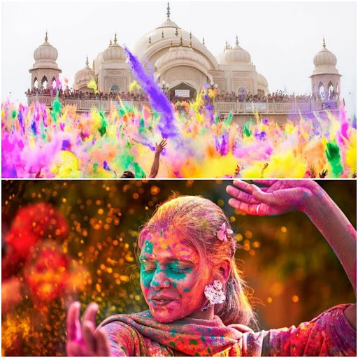 Top: Colored powder thrown during Holi; Bottom: Indian girl dancing covered in colored