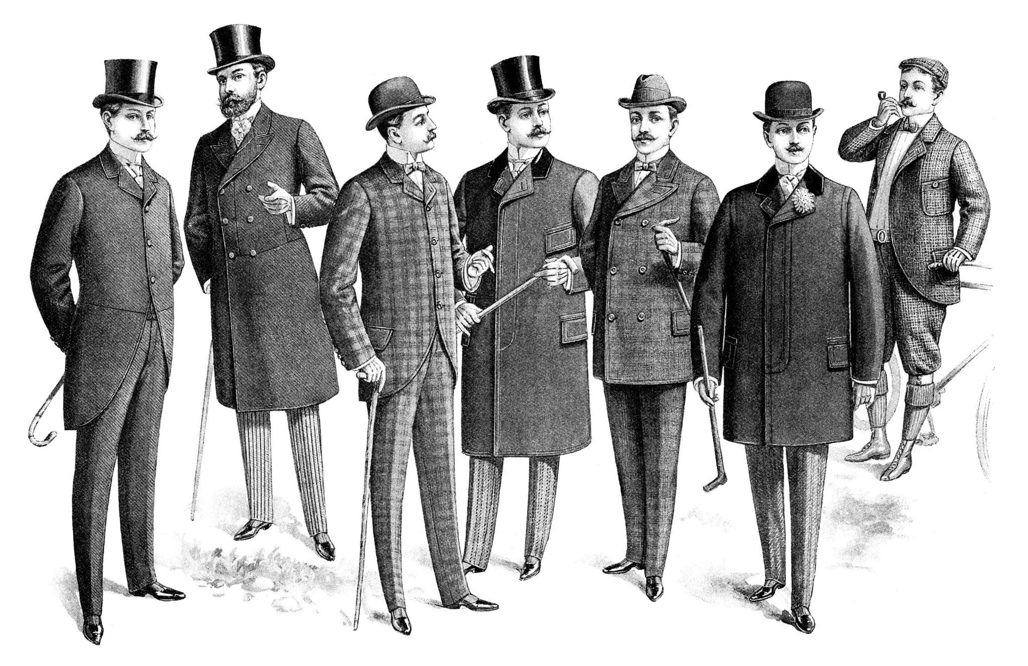 Men in the Victorian Era wearing jackets and trousers