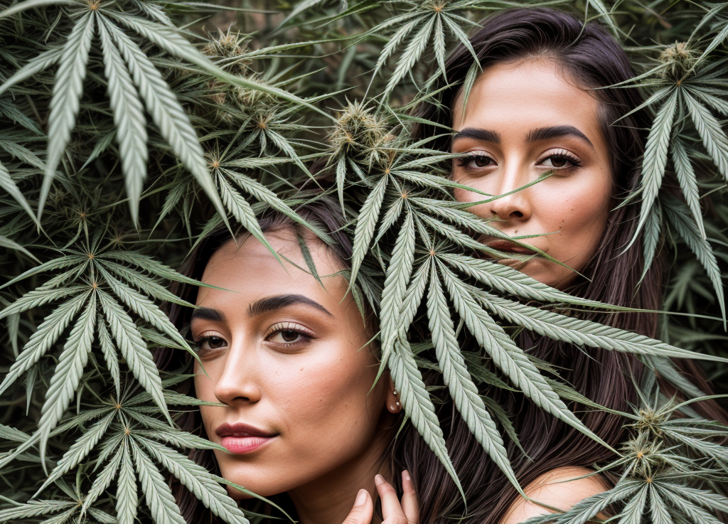 Two ethnic women photographed in a cannabis bush